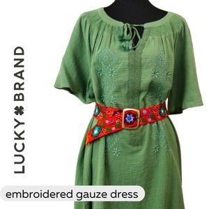 🎉HP NWT Lucky Brand Flowy Olive Embroidered Boho Short Sleeve GENIUS Dress 2X